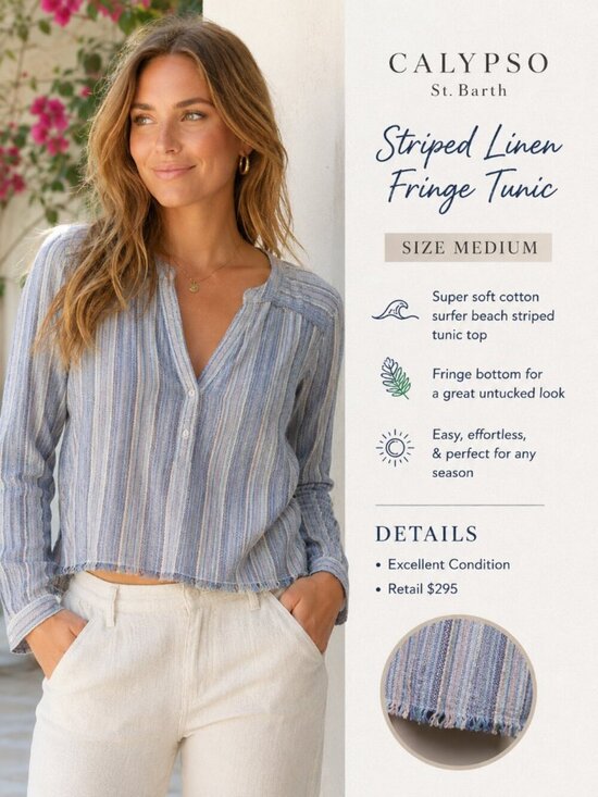 Calypso St. Barth Tops - Calypso St. Barth Striped Linen Fringe Tunic SIZE MEDIUM